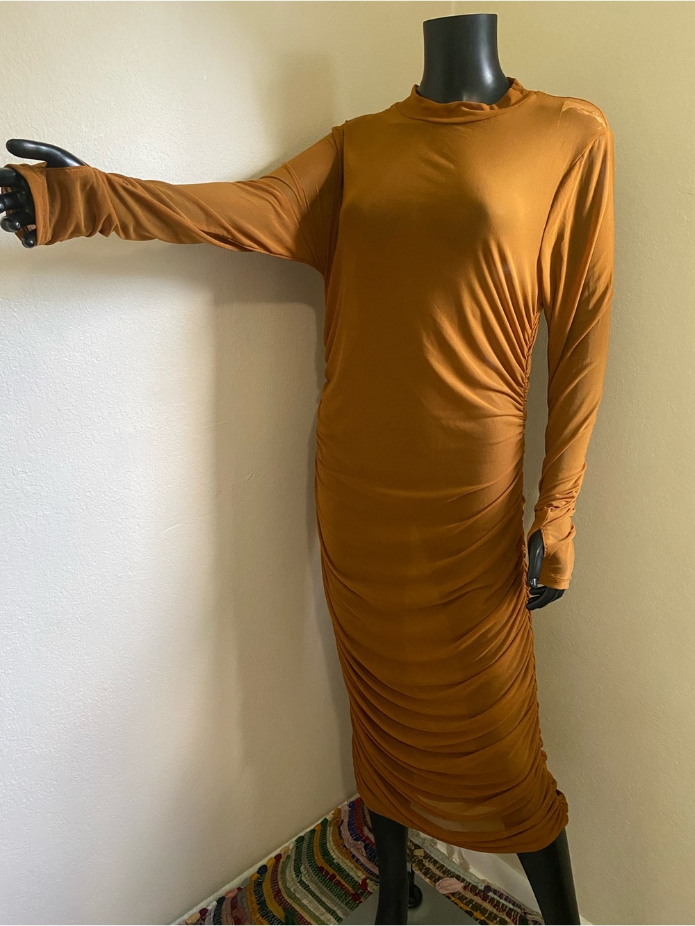 Fashion Nova Free Bird Tan Brown Sheer Long Sleeve Ruched Midi Dress NWTs - Picture 4 of 14